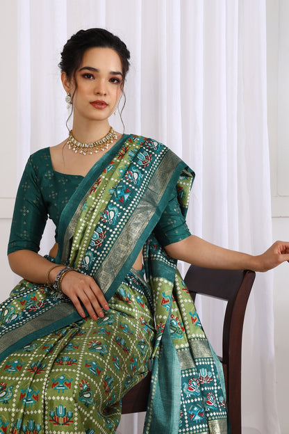 Beautiful Patola Foil Print Cotton Silk Saree with Unstiched Blouse Piece