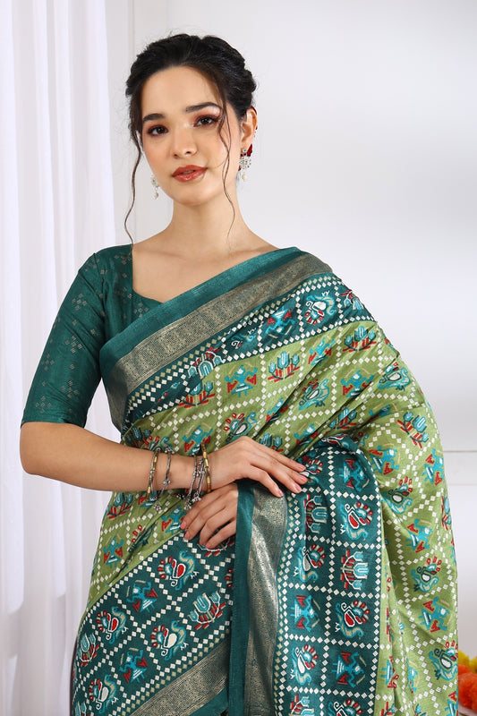 Beautiful Patola Foil Print Cotton Silk Saree with Unstiched Blouse Piece