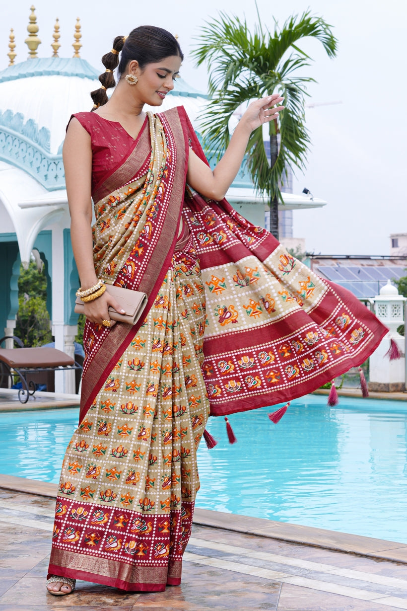 Beautiful Patola Foil Print Cotton Silk Saree with Unstiched Blouse Piece