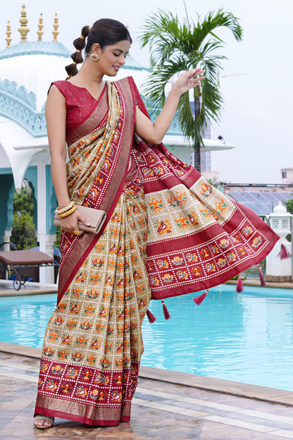 Beautiful Patola Foil Print Cotton Silk Saree with Unstiched Blouse Piece