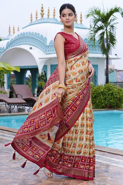 Beautiful Patola Foil Print Cotton Silk Saree with Unstiched Blouse Piece