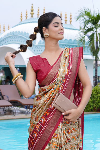 Beautiful Patola Foil Print Cotton Silk Saree with Unstiched Blouse Piece