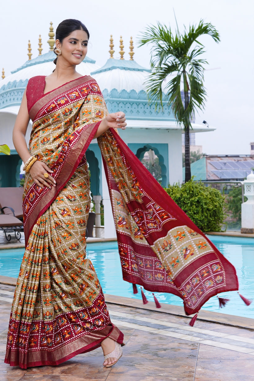 Beautiful Patola Foil Print Cotton Silk Saree with Unstiched Blouse Piece