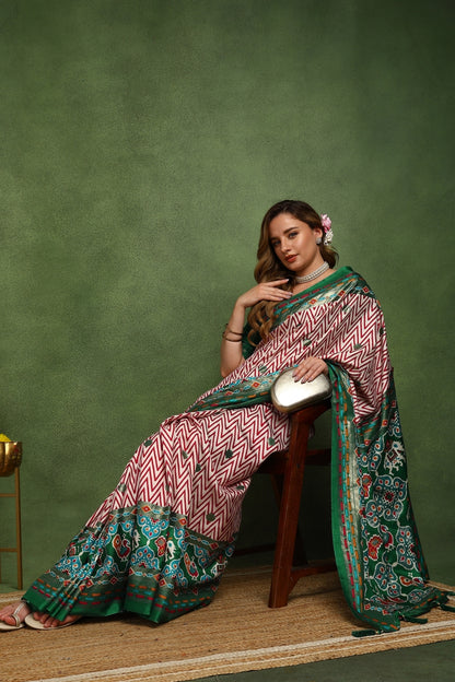 Beautiful Patola Foil Print Cotton Silk Saree with Unstiched Blouse Piece