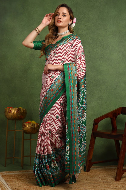 Beautiful Patola Foil Print Cotton Silk Saree with Unstiched Blouse Piece