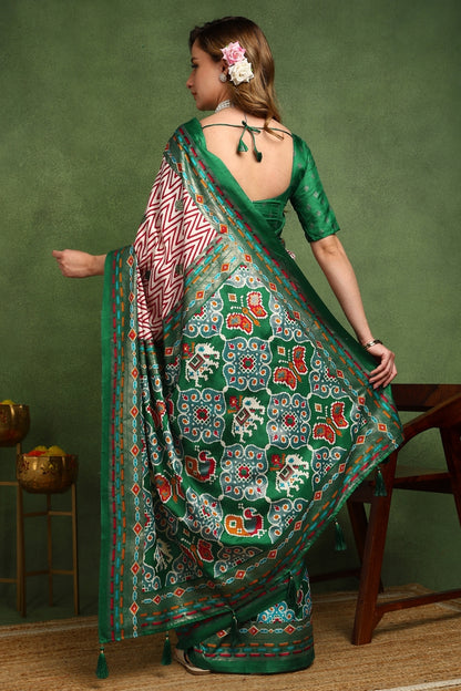 Beautiful Patola Foil Print Cotton Silk Saree with Unstiched Blouse Piece