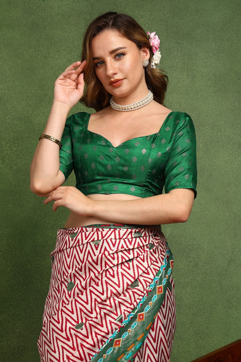 Beautiful Patola Foil Print Cotton Silk Saree with Unstiched Blouse Piece