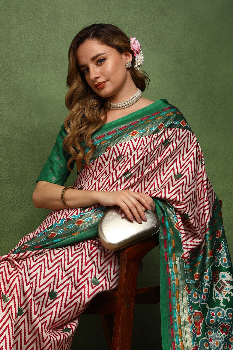 Beautiful Patola Foil Print Cotton Silk Saree with Unstiched Blouse Piece