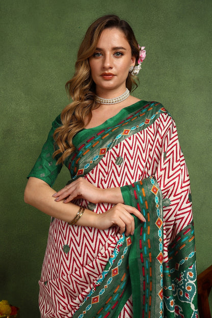 Beautiful Patola Foil Print Cotton Silk Saree with Unstiched Blouse Piece