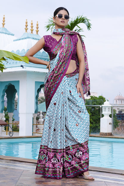 Beautiful Patola Foil Print Cotton Silk Saree with Unstiched Blouse Piece