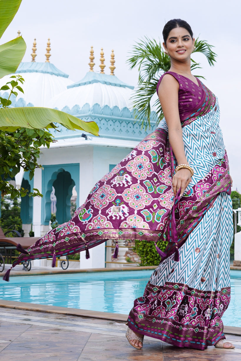 Beautiful Patola Foil Print Cotton Silk Saree with Unstiched Blouse Piece