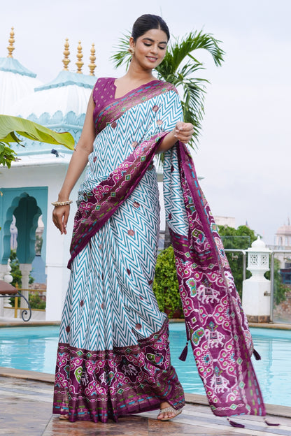 Beautiful Patola Foil Print Cotton Silk Saree with Unstiched Blouse Piece
