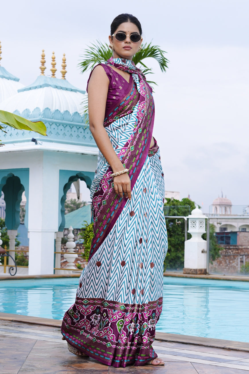 Beautiful Patola Foil Print Cotton Silk Saree with Unstiched Blouse Piece