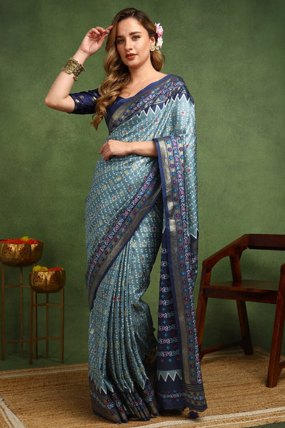Beautiful Patola Foil Print Cotton Silk Saree with Unstiched Blouse Piece