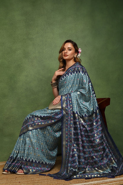 Beautiful Patola Foil Print Cotton Silk Saree with Unstiched Blouse Piece