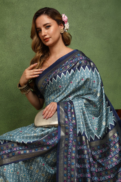 Beautiful Patola Foil Print Cotton Silk Saree with Unstiched Blouse Piece