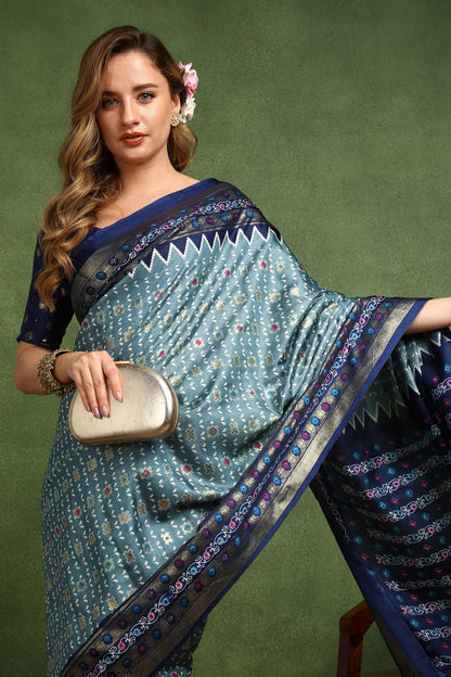 Beautiful Patola Foil Print Cotton Silk Saree with Unstiched Blouse Piece