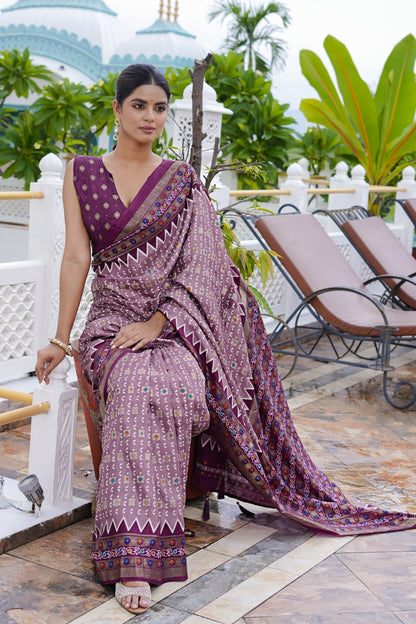 Beautiful Patola Foil Print Cotton Silk Saree with Unstiched Blouse Piece