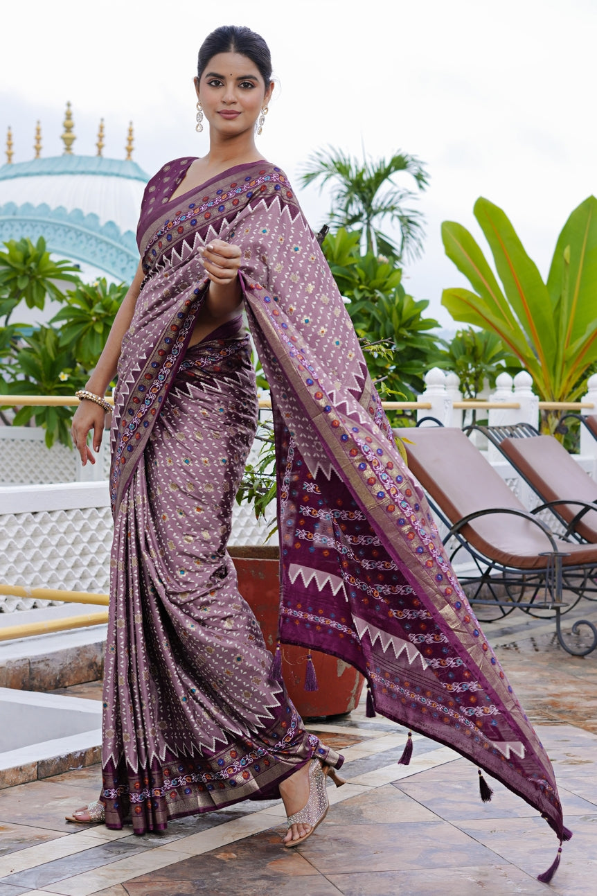 Beautiful Patola Foil Print Cotton Silk Saree with Unstiched Blouse Piece