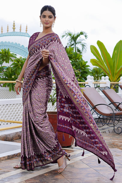 Beautiful Patola Foil Print Cotton Silk Saree with Unstiched Blouse Piece