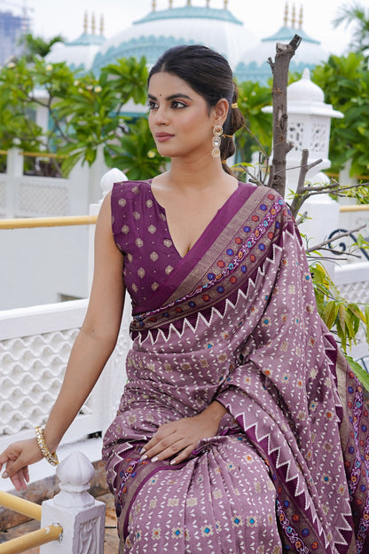 Beautiful Patola Foil Print Cotton Silk Saree with Unstiched Blouse Piece