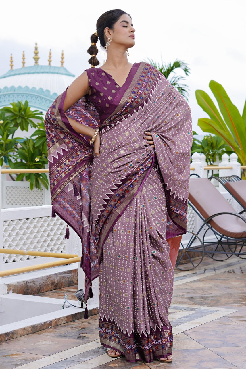Beautiful Patola Foil Print Cotton Silk Saree with Unstiched Blouse Piece