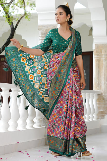Beautiful Patola Foil Print Cotton Silk Saree with Unstiched Blouse Piece