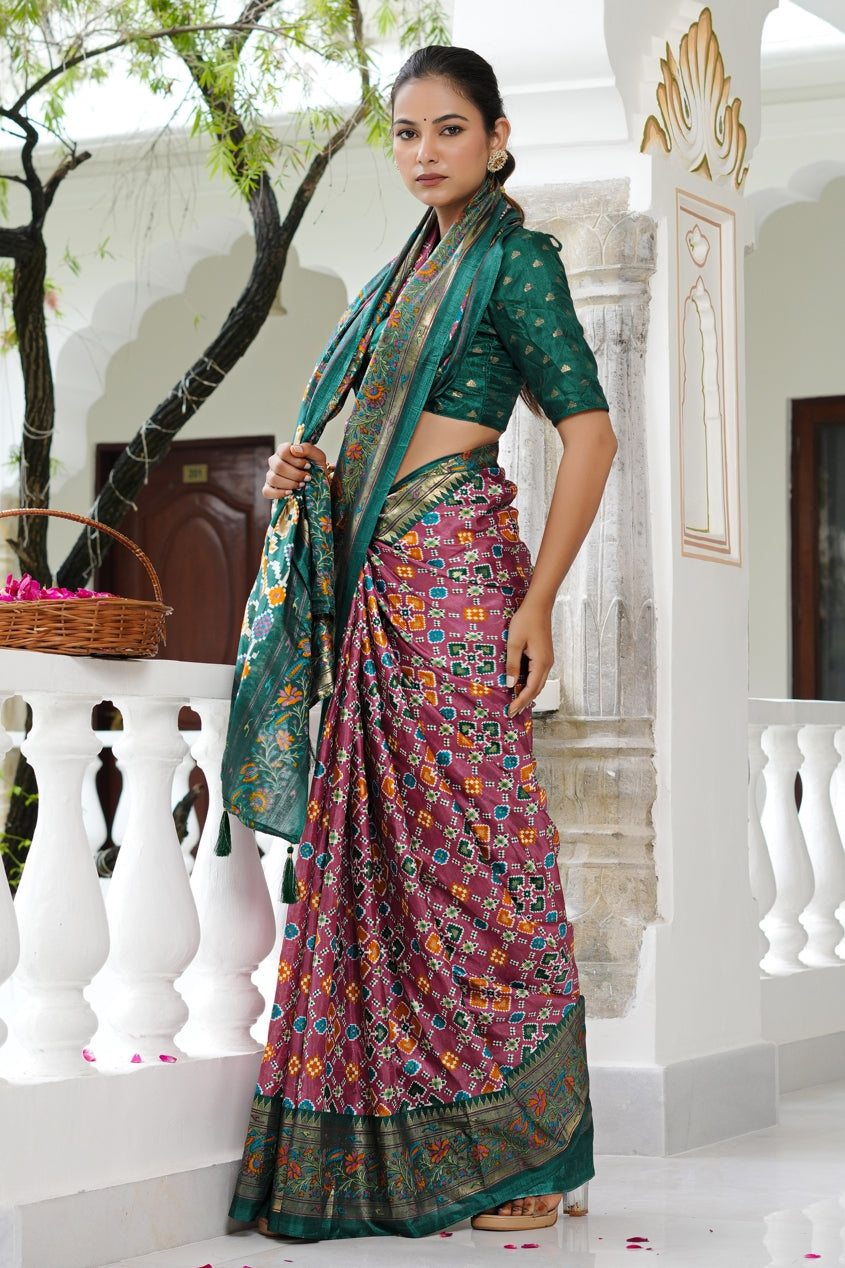 Beautiful Patola Foil Print Cotton Silk Saree with Unstiched Blouse Piece