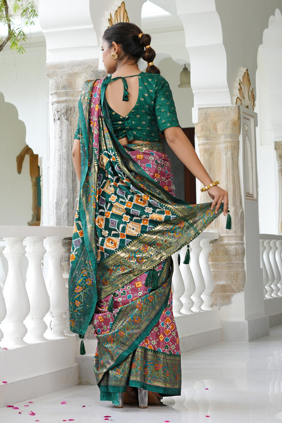 Beautiful Patola Foil Print Cotton Silk Saree with Unstiched Blouse Piece