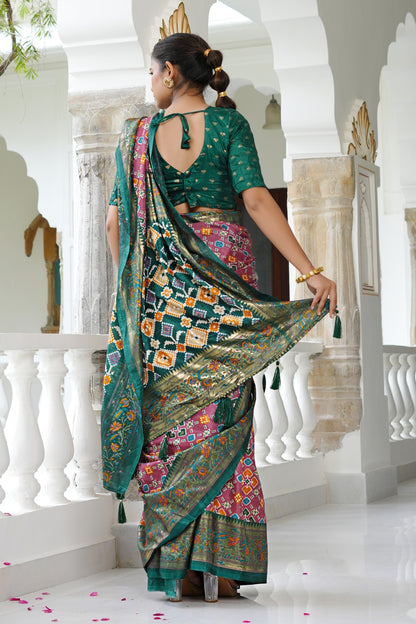 Beautiful Patola Foil Print Cotton Silk Saree with Unstiched Blouse Piece