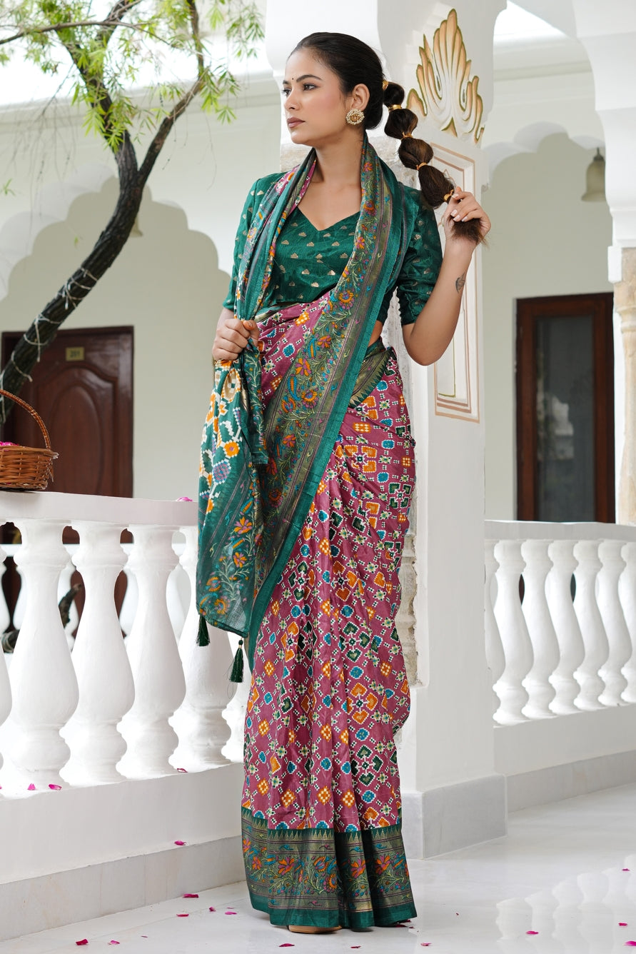 Beautiful Patola Foil Print Cotton Silk Saree with Unstiched Blouse Piece