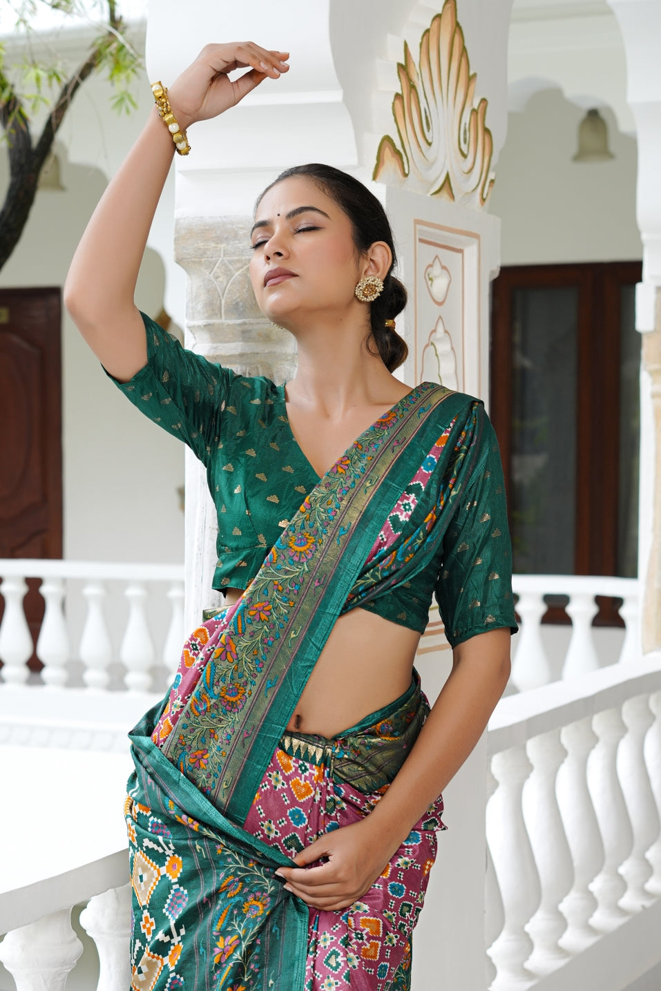 Beautiful Patola Foil Print Cotton Silk Saree with Unstiched Blouse Piece