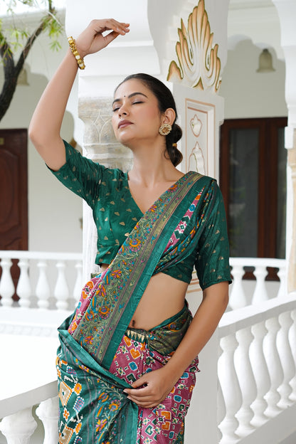 Beautiful Patola Foil Print Cotton Silk Saree with Unstiched Blouse Piece