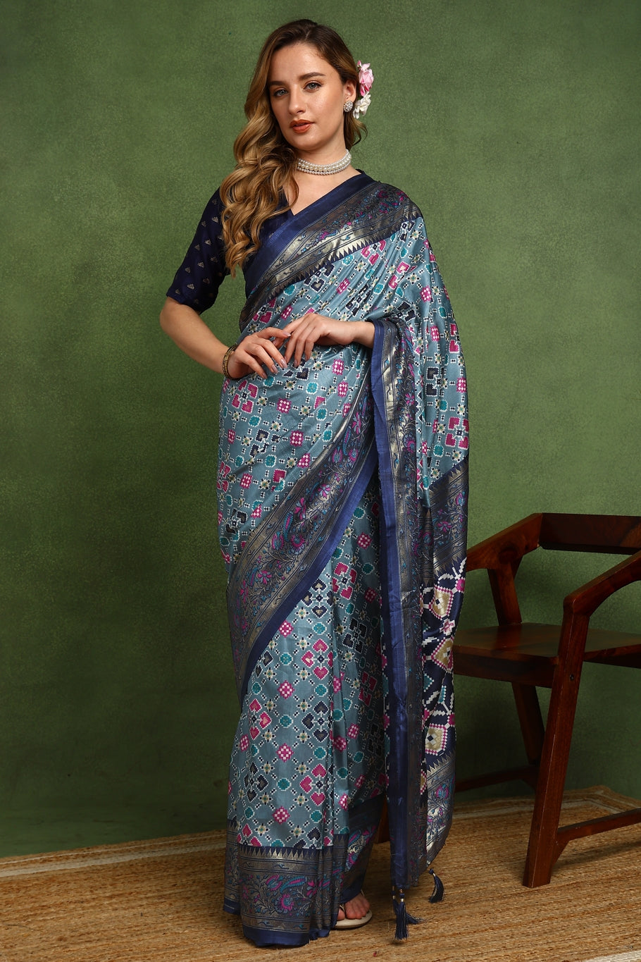 Beautiful Patola Foil Print Cotton Silk Saree with Unstiched Blouse Piece