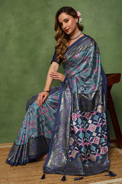 Beautiful Patola Foil Print Cotton Silk Saree with Unstiched Blouse Piece
