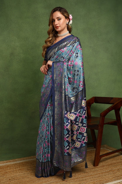 Beautiful Patola Foil Print Cotton Silk Saree with Unstiched Blouse Piece