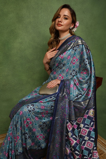 Beautiful Patola Foil Print Cotton Silk Saree with Unstiched Blouse Piece
