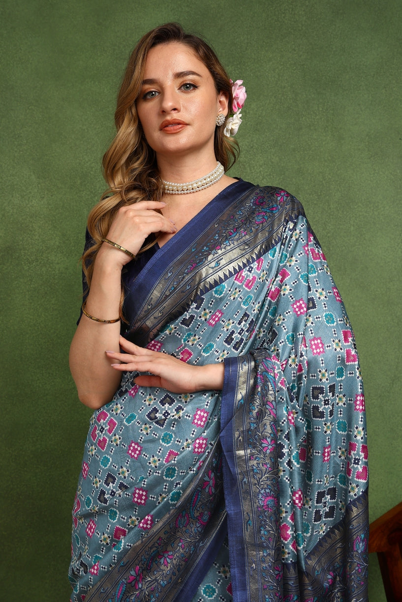 Beautiful Patola Foil Print Cotton Silk Saree with Unstiched Blouse Piece
