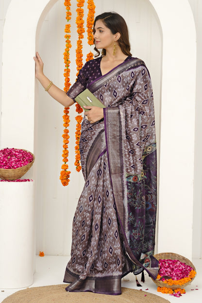New Ikkat Print Cotton Silk Saree with Unstiched Blouse Piece