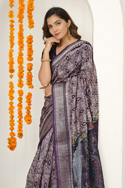 New Ikkat Print Cotton Silk Saree with Unstiched Blouse Piece