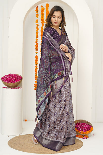 New Ikkat Print Cotton Silk Saree with Unstiched Blouse Piece
