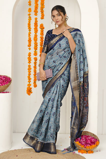 New Ikkat Print Cotton Silk Saree with Unstiched Blouse Piece