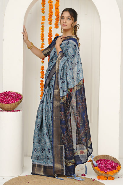 New Ikkat Print Cotton Silk Saree with Unstiched Blouse Piece
