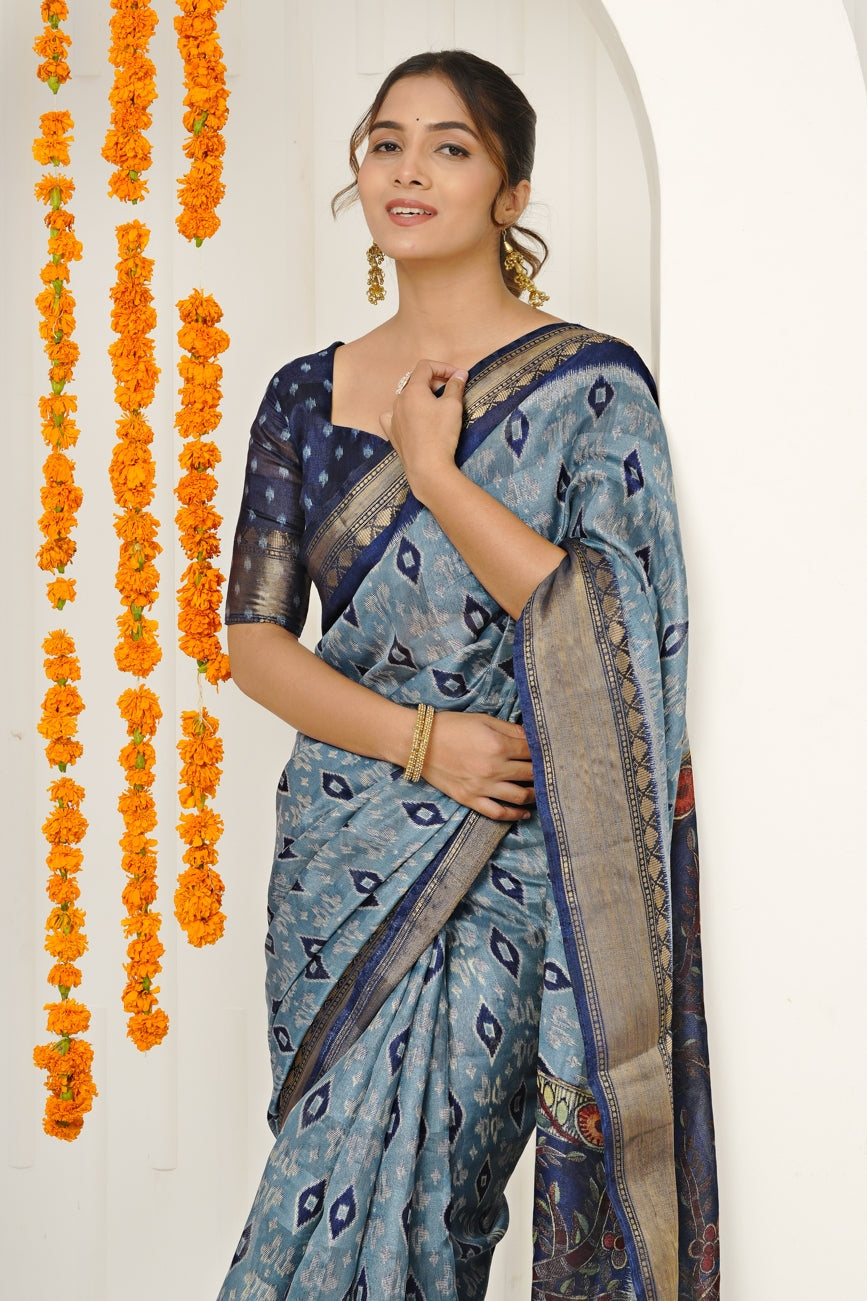 New Ikkat Print Cotton Silk Saree with Unstiched Blouse Piece