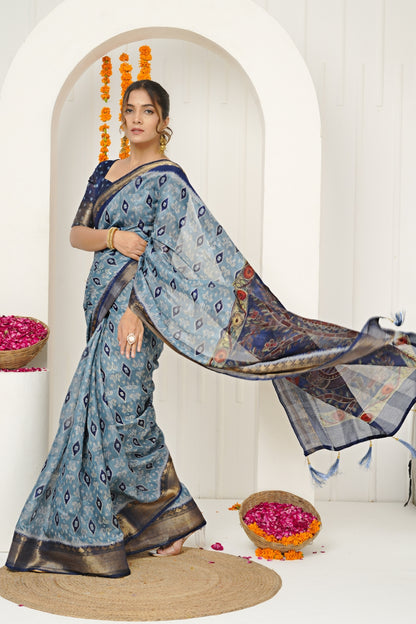 New Ikkat Print Cotton Silk Saree with Unstiched Blouse Piece