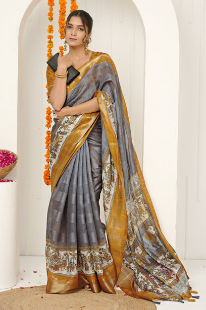 Latest Madhubani Print Cotton Silk Saree with Unstiched Blouse Piece