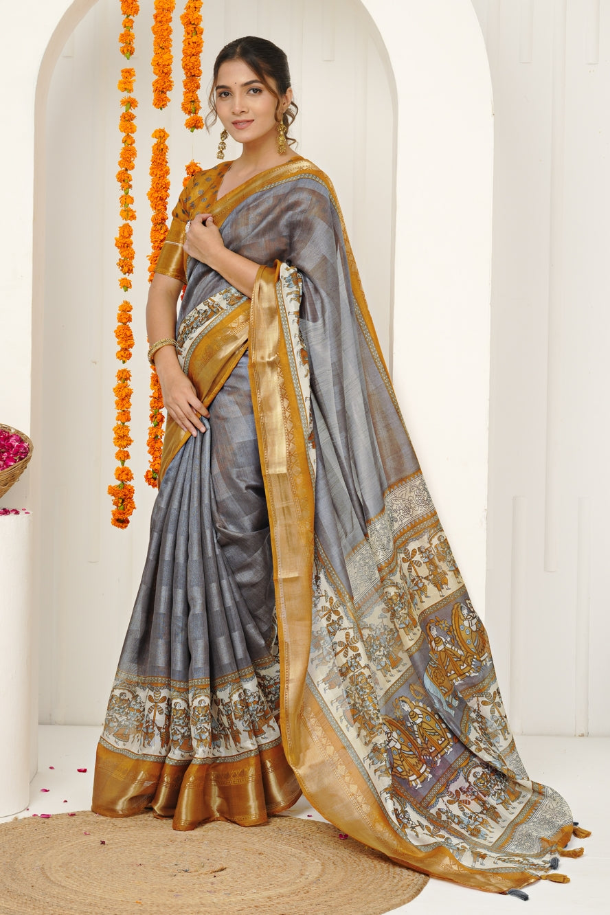 Latest Madhubani Print Cotton Silk Saree with Unstiched Blouse Piece
