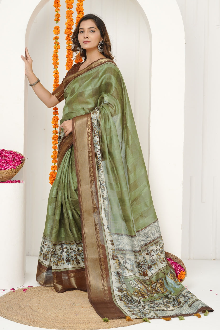 Latest Madhubani Print Cotton Silk Saree with Unstiched Blouse Piece