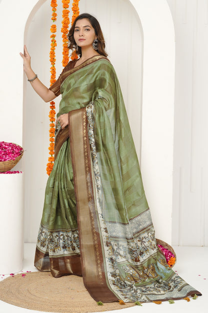 Latest Madhubani Print Cotton Silk Saree with Unstiched Blouse Piece