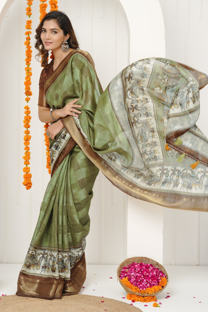 Latest Madhubani Print Cotton Silk Saree with Unstiched Blouse Piece